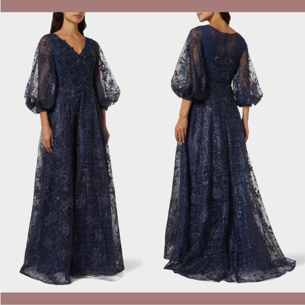 NWT Mac Duggal‎ [ 30 ] Embellished Plunge Neck Puff Sleeve A-Line Gown Blue Q643